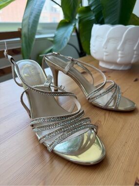 Women's Gold Rhinestone Strappy Heeled Sandals